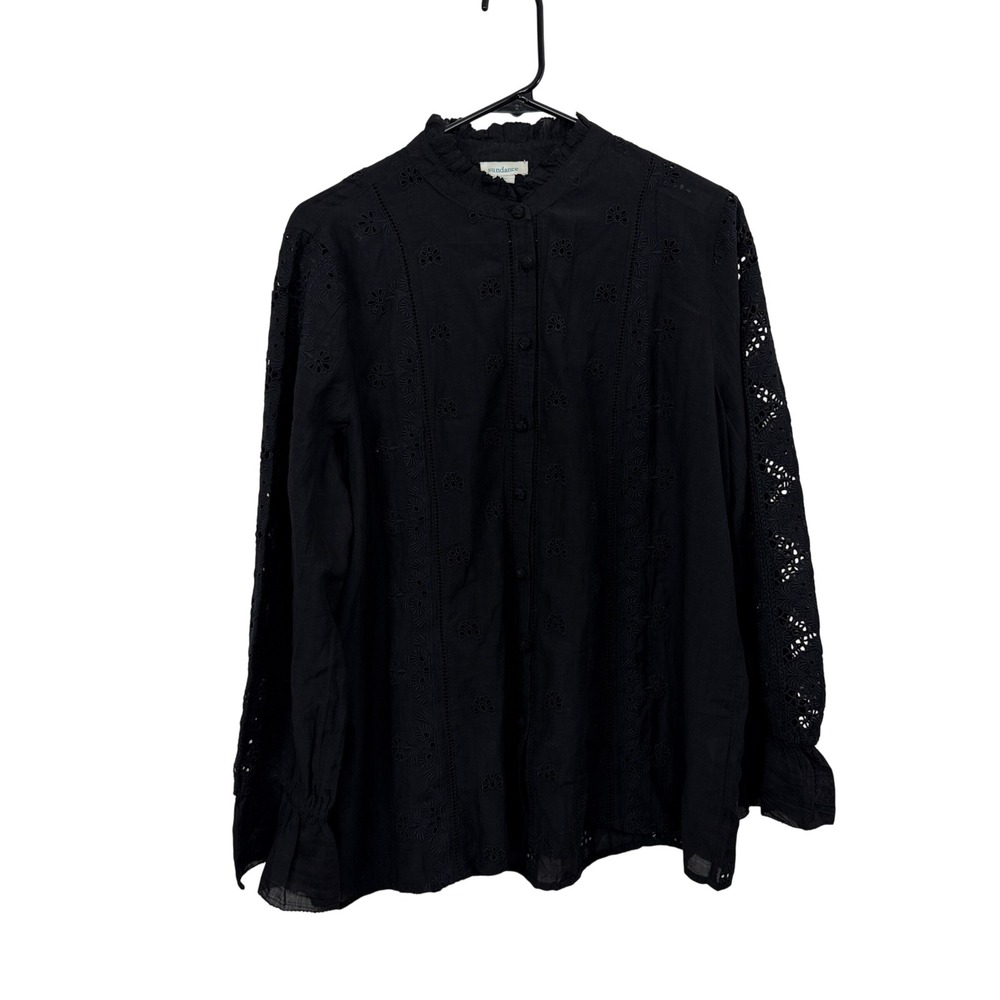 Sundance Top Womens Large Black Eyelet Embroidered Ruffle Cuff Button Front L